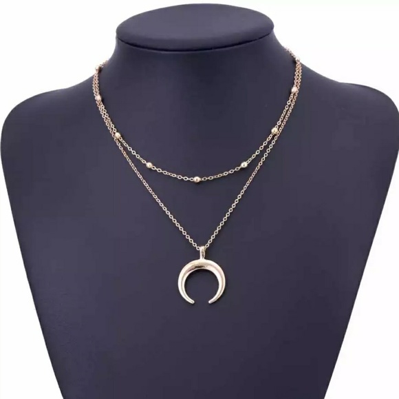 Gold Tone Cresent Moon Double Layer Bead Necklace - Picture 2 of 4